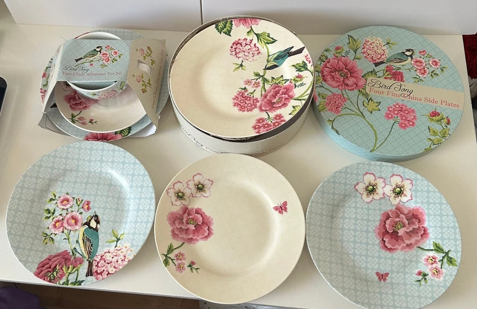 Frühstücksset Geschirr Teller Tasse Shabby Blumen Vögel Rosa Floral Vintage NEU - Bild 2 von 4