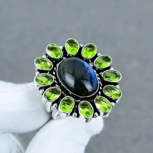 Blue Labradorite Peridot 925 Sterling Silver Band& Statement  Handmade  All Size