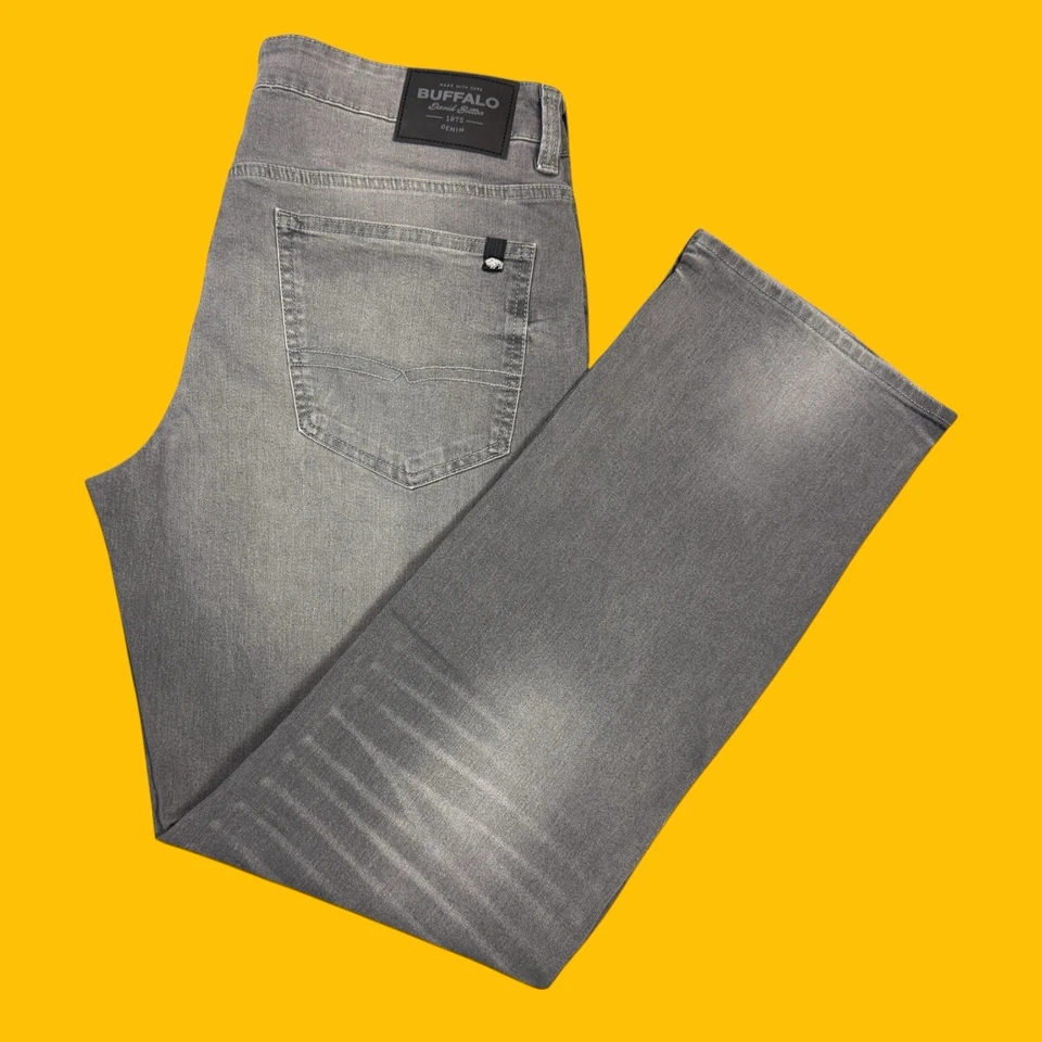 Jeans Buffalo David Botón Para Hombre Talla 34x32 Recto Seis Elastizados Gris Lavado Denim Foto 2 de 4
