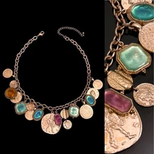 Vintage 90’s ROMAN COIN CAMEO NECKLACE Statement Costume Charm Glass Retro