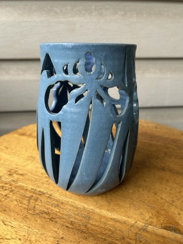 Blue Iris Cutouts Floral Studio Art Pottery Candle Holder Luminary 6" Signed