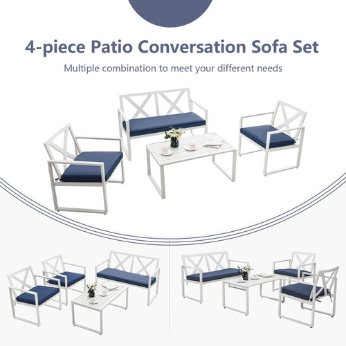 4PCS Patio Furniture Set Outdoor Conversation Set Metal Frame w/ Navy Cushions - Picture 8 of 8