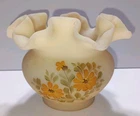 Vtg Fenton Custard Satin Glass Ruffled Rose Bowl Vase Hand Painted Signed