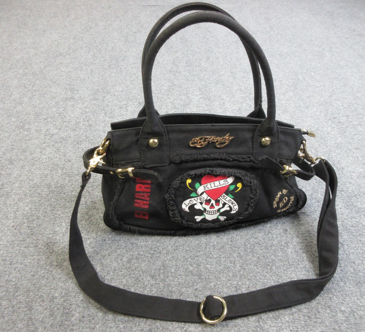 Ed Hardy Shoulder Bag Womens M Black Canvas Y2K Rhinestone Tattoo