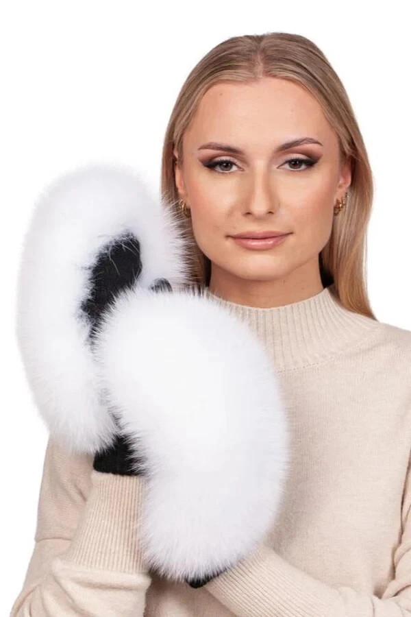 Womens White Fox Fur Mittens With Flip Top,Warm Merino Wool Knit Fox Fur Gloves