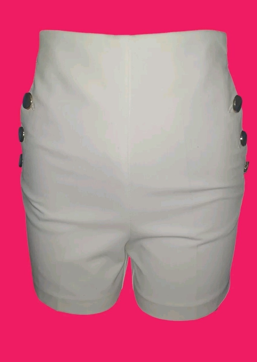 Zara White High Waist Sailor Shorts With Gold Buttons Side Zip