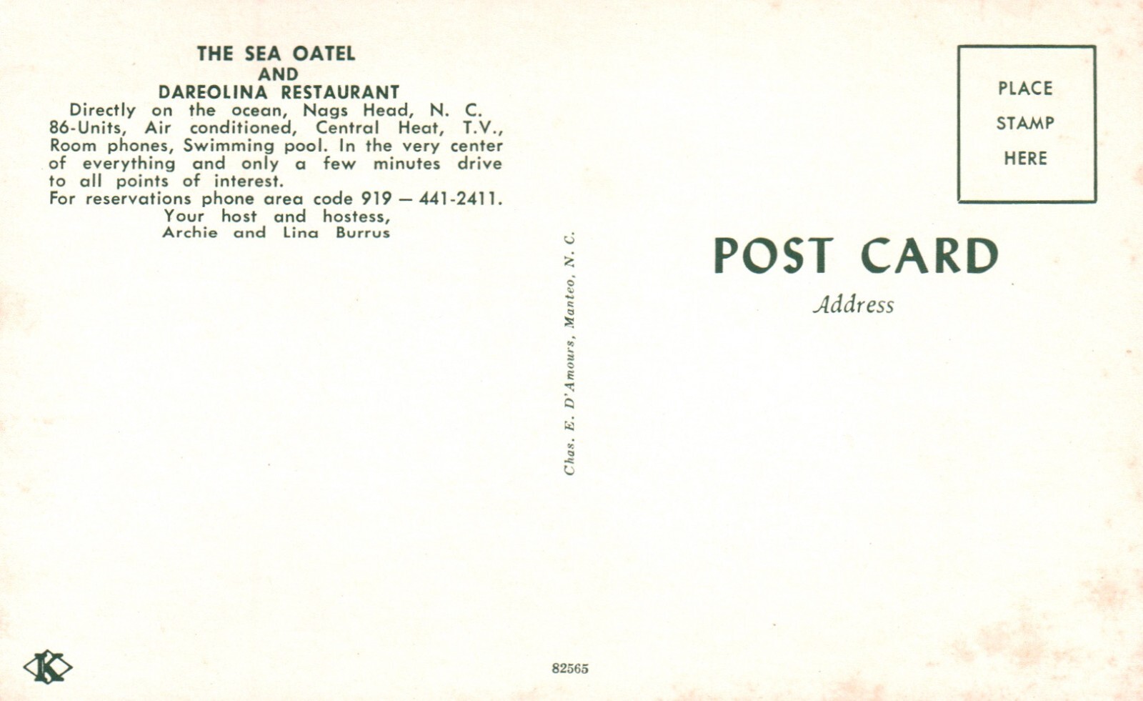 Postcard NC Nags Head Outer Banks Sea Oatel Motel Dareolina Restaurant