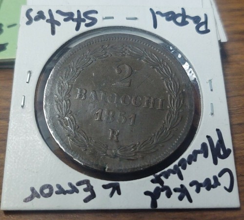 1851R ITALIAN STATES, PAPAL STATES, VATICAN PIUS IX, 2 BAIOCCHI COPPER COIN  #48 - Picture 4 of 5