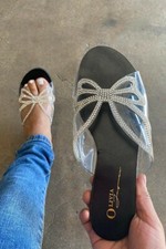 Women's Diamond Rhinestone Clear Butterfly Open Toe Slip on Flat Sandals Slides