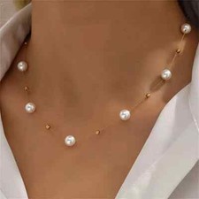 Luxury Faux Pearls Beads Thin Chain Necklace Adjustable Jewelry Women Gift