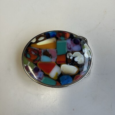 Vintage 8petals Lady's Belt Buckle Multicolor Mosaic Fusion Art Glass