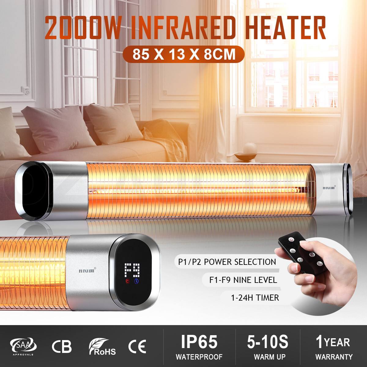 Maxkon 2000W Infrared Electric Carbon Fibre Strip Wall Heater Outdoor Indoor