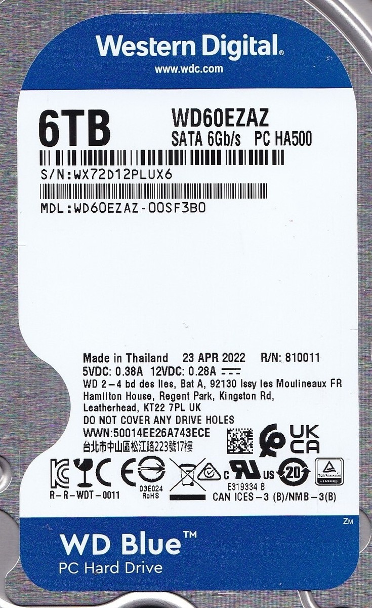 WD60EZAZ-00SF3B0 s/n: WX72D1 APR/2022 R/N: 810011 6TB SATA 3.5