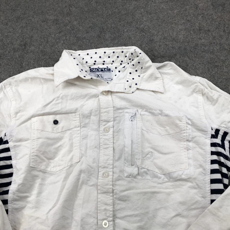 Camisa Staple Pigeon Hombre XL Blanca Azul Rayas Sólidas Manga Corta Abotonada Foto 4 de 4