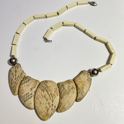 Rattle Snake Faux Pendant Necklace Reptile Fake Skin White Beads Silver Hook