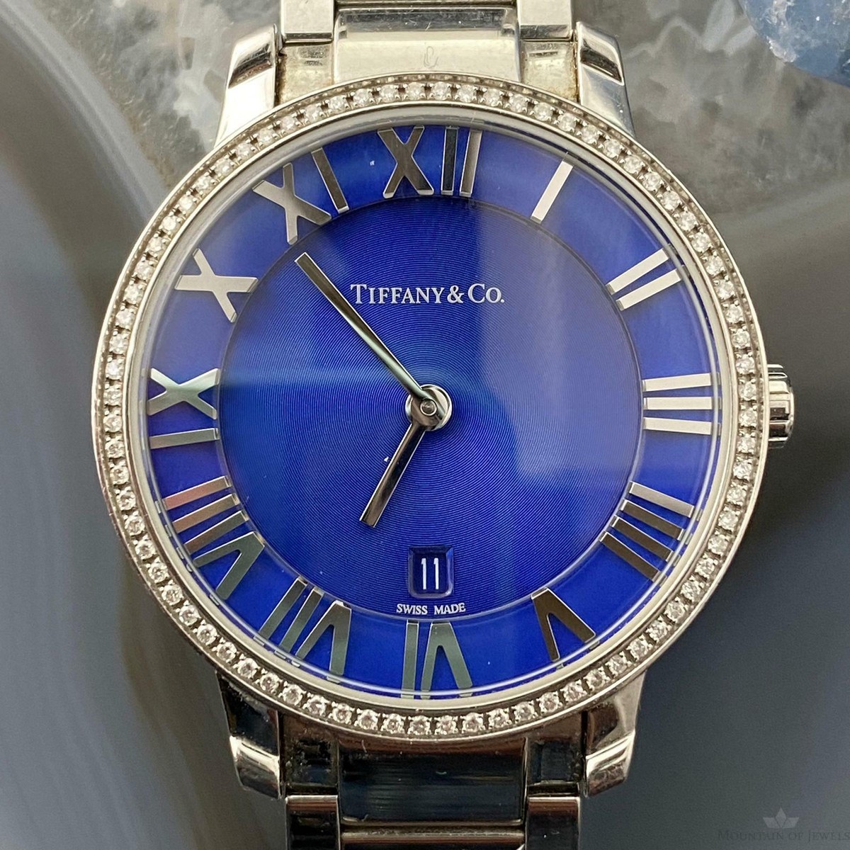 Tiffany & Co Ladies Atlas 2-Hand Blue 31mm Diamond Quartz Steel Watch