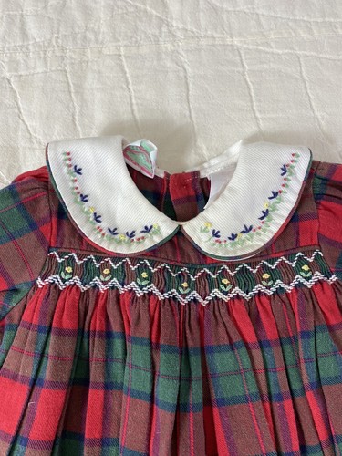 Vintage Christmas Romper One PIece Baby Girl 0-3M Embroidered Red Green Plaid - Picture 2 of 12