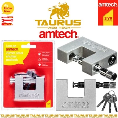 AMTECH-TOOLS AMTECH 70mm Steel Shutter Padlocks Heavy Duty Container 4 Keys Safe Shackle UK