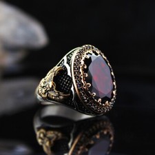 Solid 925 Sterling Silver Turkish Handmade Jewelry Garnet Men's Ring All Size