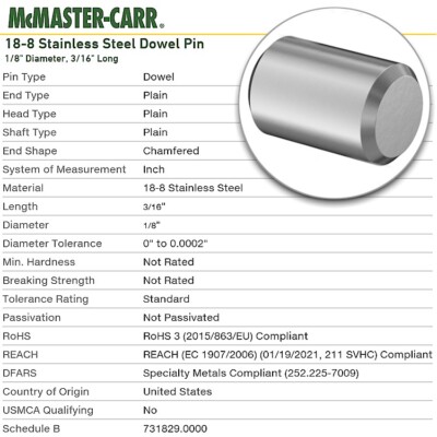 100X! NEW RADAX/McMaster-Carr DPS02X03MC/90145A876 1/8  X 3/16  SS DOWEL PINS