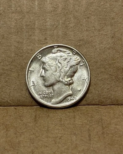 1945 Mercury Dime Mint Error Obverse Struck Through Silver Coin AU/BU