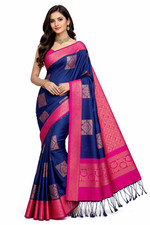 Royal Blue Pink Kanchipuram Style Silk Saree, Contrast Hot Pink Zari Border