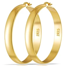 14K Gold Plated Hoop Earrings for Women Large Hoop Earring Chunky Hoops Sterl...