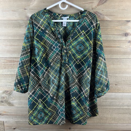 Catherines Damen Bluse Popover 3/4-Ärmel Druckknopf Biesen V-Ausschnitt 1X 18 20