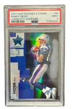 2007 Leaf Rookies Stars Longevity Sapphire RANDY MOSS 81/149 PSA 9 JERSEY MATCH