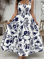 Elegantes Damen-Blumen-Maxi-Kleid - Navyblau und Weiß, Sommerkleid, oversize