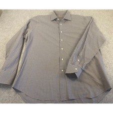 Canali Mens Blue Brown Gingham Check Cotton Dress Shirt Size 43/17 XL