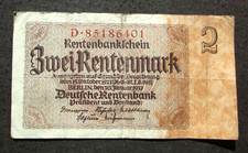 OLD BANKNOTE OF THIRD REICH GERMANY 2 RENTENMARK 1937 NO. D*85186401
