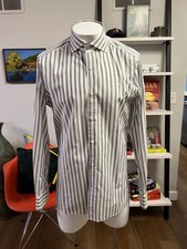 Isaia Blue and Charcoal Striped Cotton Dress Shirt  Size 17 / 43 - MSRP 730 