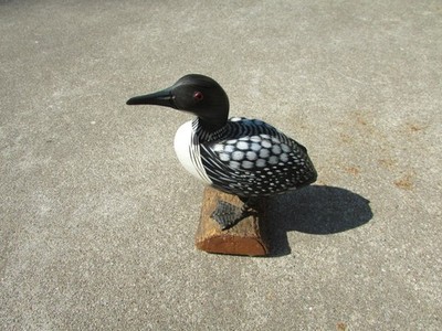 Black White Spotted DUCK Sitting on Wooden 1/2 Log Figurine Knick Knack 6'' Tall