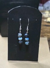 Silvertone Black And  Blue Agate Dangle Earrings, 925 Posts