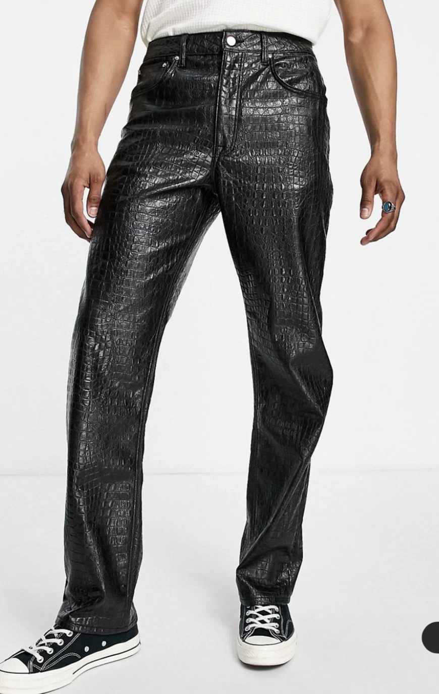 Men's Alligator crocodile embossed Black 100% Real Leather Pants Trouser