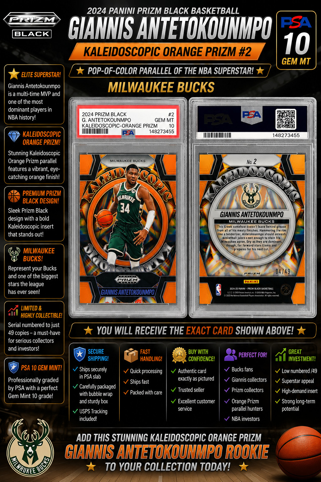 PSA 10 GEM MT 2024-25 Prizm Black GIANNIS ANTETOKOUNMPO Kaleidoscopic Orange /49 view 3
