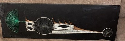 Vintage MCM Nagelnadel Schnur Mixed Media Wandbild Abstrakt Auto 70er Brutalist