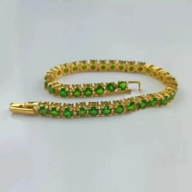 12Ct Lab Created Green Emerald Women'sTennis Bracelet 14K Yell Gold Plated 7.5" - Image 2 of 4