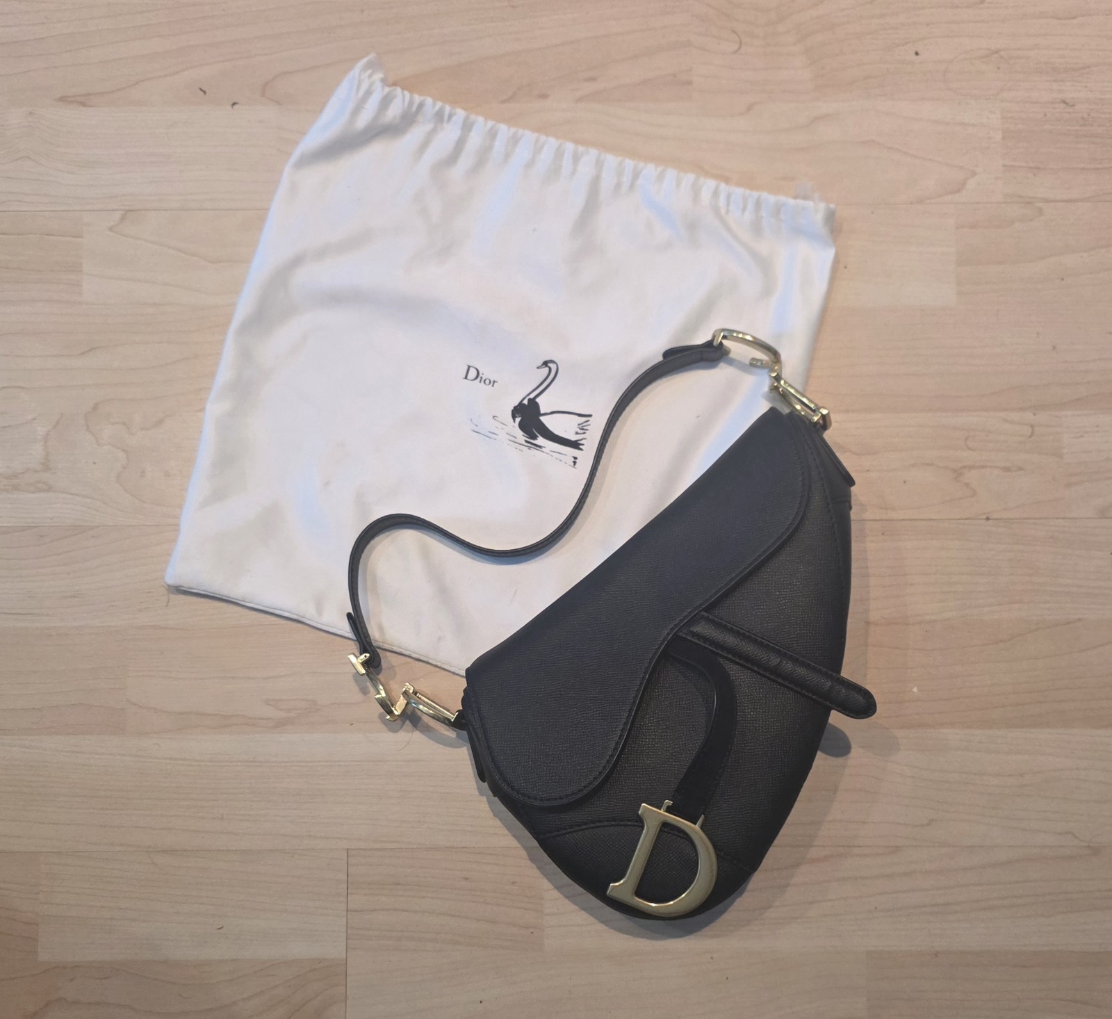 Authentic DIOR Saddle Bag Black Calfskin Gold Hardware Handbag 