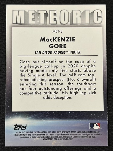 Bowman Platinum 2021 #MET-8 MacKenzie Gore Meteoric San Diego Padres - Imagen 2 de 2