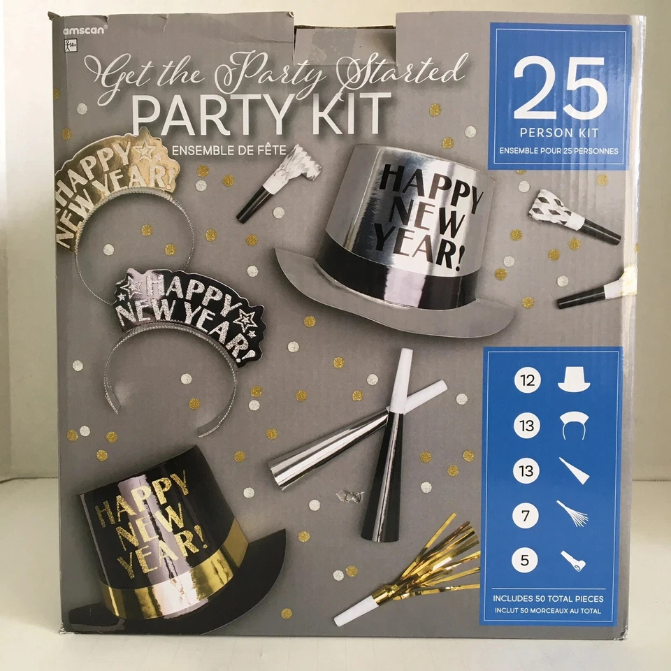 New Year’s Eve 50 Piece 25 Guest Kit Black Gold Silver Party Hat Noise Makers - Image 3 of 3