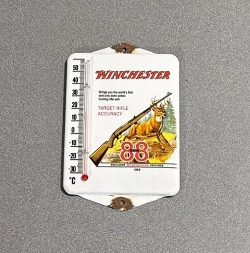 VINTAGE 1955 WINCHESTER PORCELAIN THERMOMETER SIGN CAR GAS OIL TRUCK MOTORCYCLE