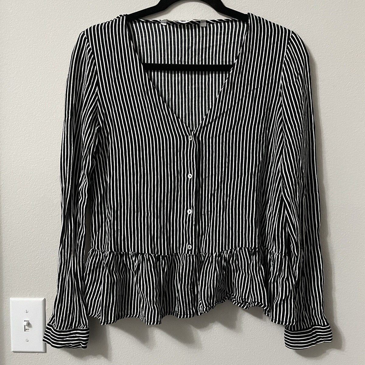 Zara Blue White Stripped Long Sleeve Peplum Top Size Medium