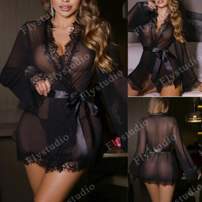 Sexy Lingerie Bathrobe Lace Robe Womens See Through Cover Night Dress Sleepwear