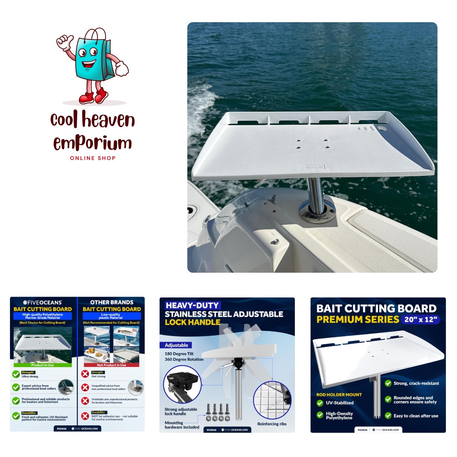 Tabla de cortar barco de 20"" x 12"" con soporte de caña ajustable para pesca