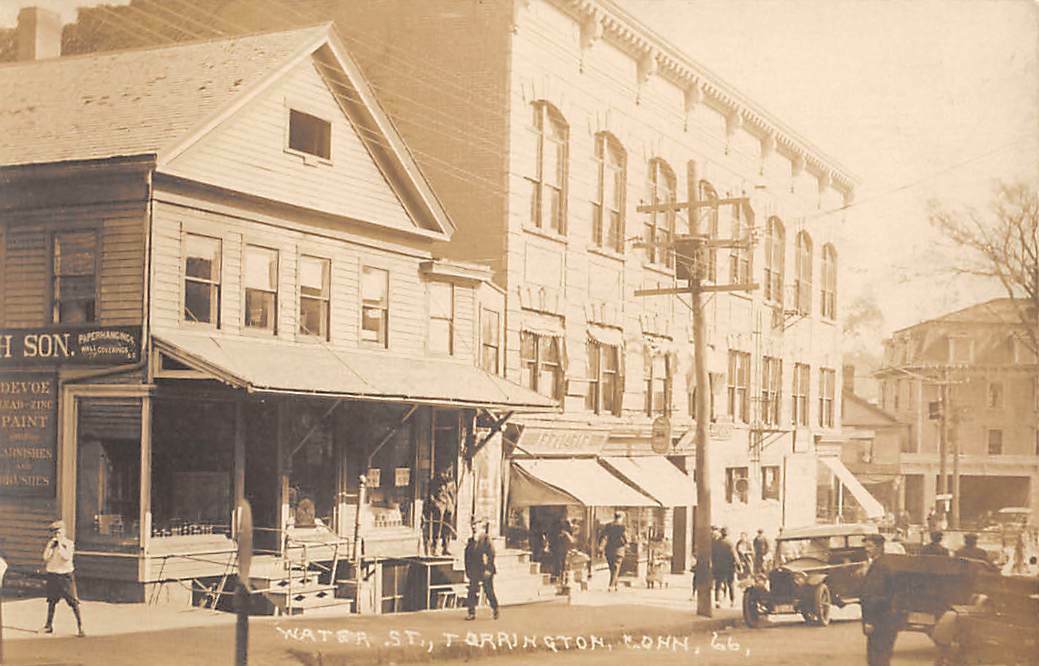 TORRINGTON, CT, WATER STREET, STORES, SIGNS, CARS, PEOPLE, RPPC c 1907