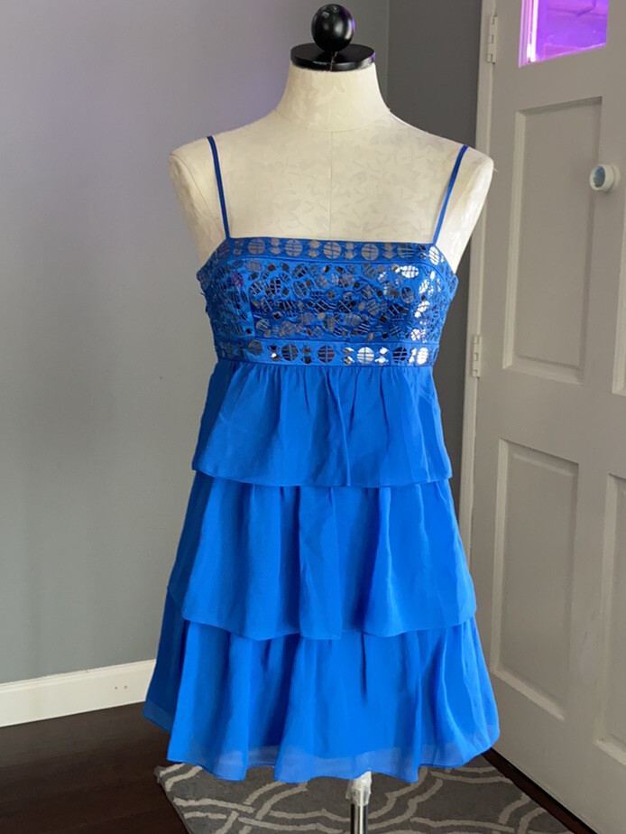 bcbg max azria blue sequin dress BCBGMAXAZRIA Silk Tiered Mini Dress 2 Royal Blue Sequin Paillette Babydoll  Party