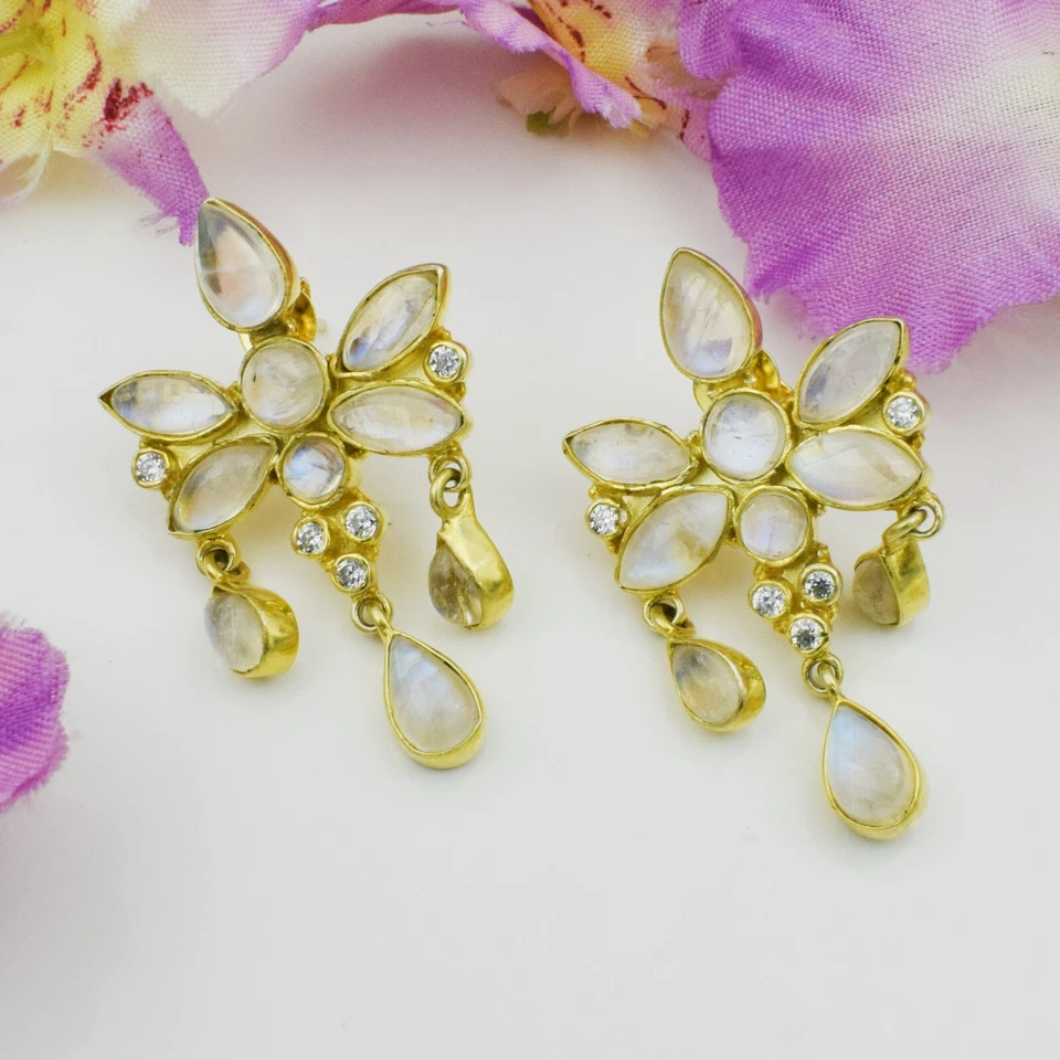 Pendientes de araña enchapados en oro de plata de ley 925 con piedra lunar arco iris joyería Foto 4 de 4