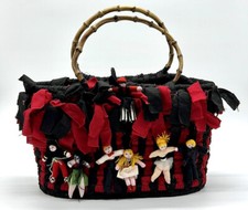 Vintage handmade cotton woven bamboo wood handle basket purse party people